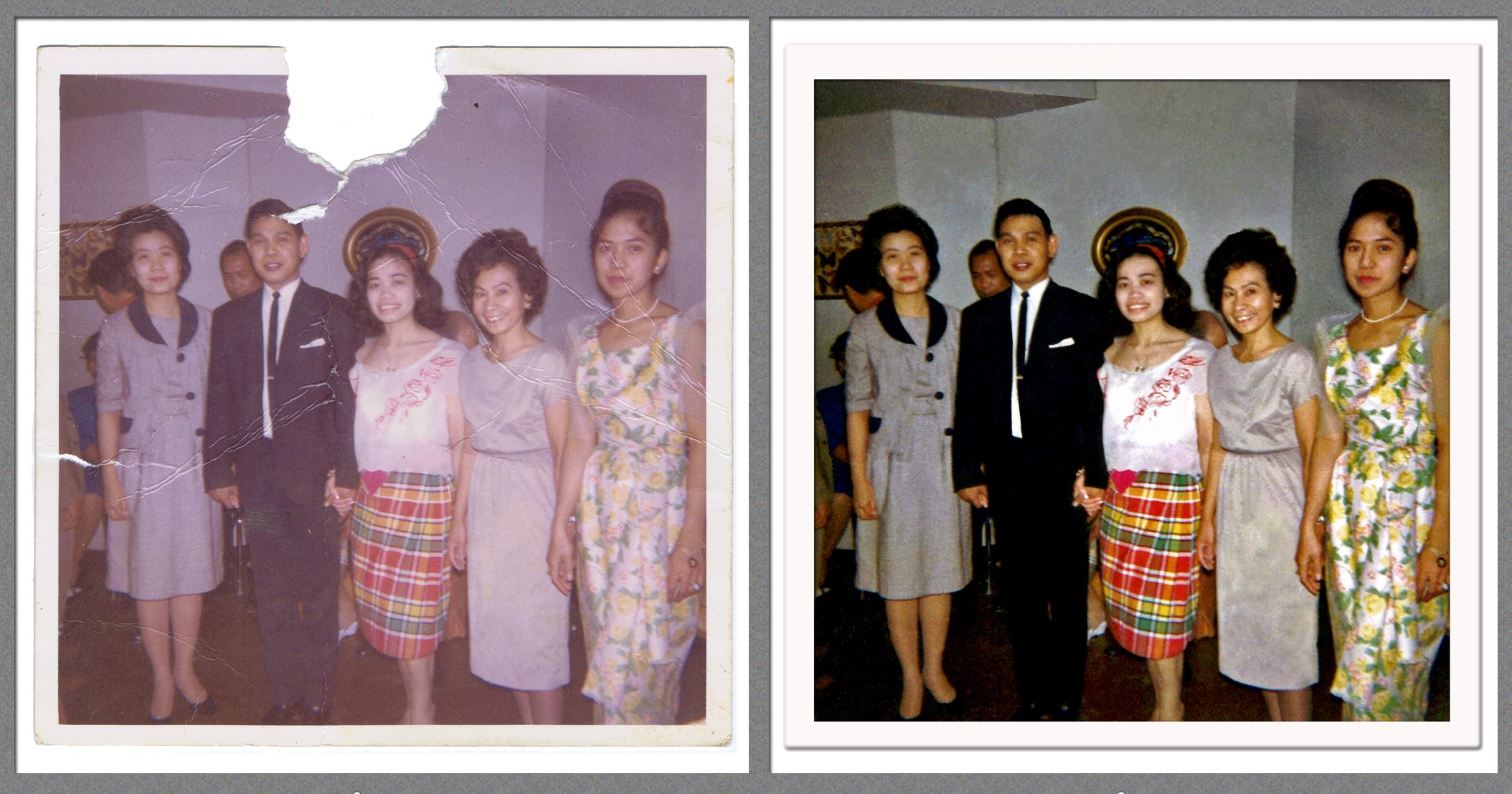 Damaged photograph before and after digital restoration with photoshop editing